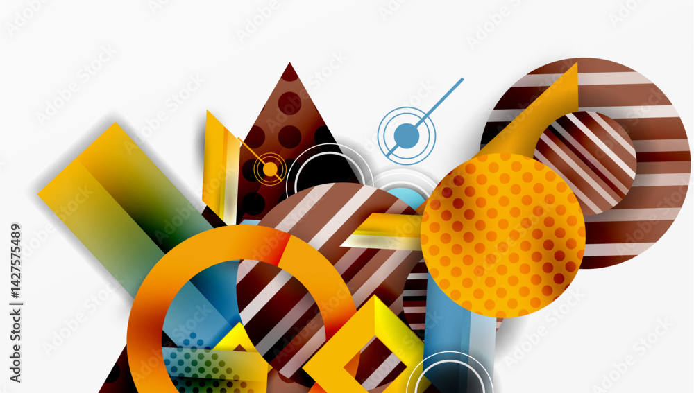 Poster abstract geometric composition. overlapping shapes create dynamic visual interest. brown, orange, bl