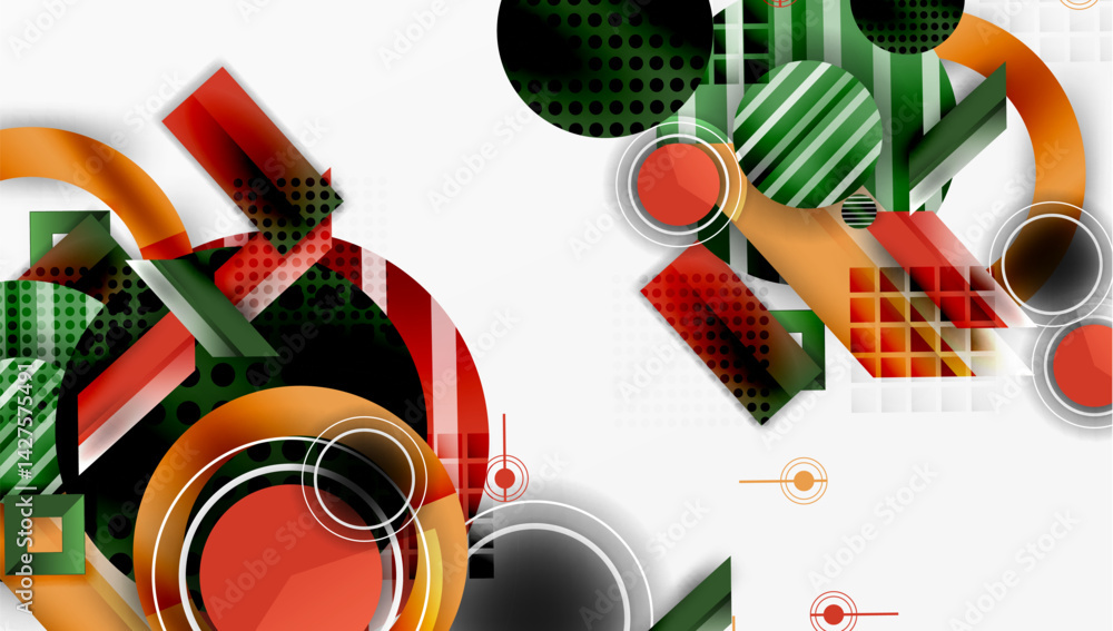Aufkleber Abstract geometric composition. Overlapping shapes, circles, rectangles, lines create dynamic visual effect. Orange, green, black, white dominate design. Modern aesthetic.