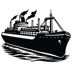 Vintage Black and White Illustration of a Cargo Ship at Sea