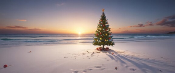 Lonely Christmas tree on white sand beach, twinkling lights, colourful baubles ,  ornaments,  colorful ornaments