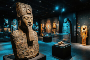 Museum of ancient artifacts in the Egyptian Museum. Numerous well-preserved relics from Egyptian history displayed in ornate glass cases.