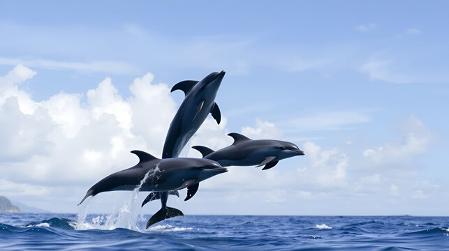 Dolphins jumping near Tahuata, Marquesas Islands, French Polynesia, Pacific Ocean