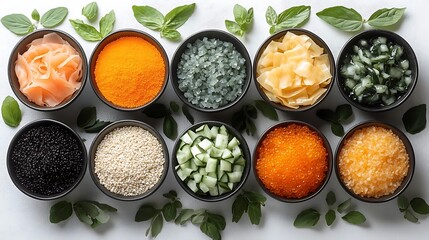 Various flavorful food ingredients arranged in small bowls.