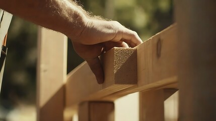 Hand Placing a Wooden Beam in Construction