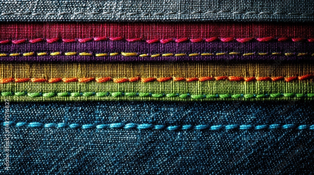 Aufkleber close-up view of textured denim fabric with vibrant stitching in various colors highlighting fabric 