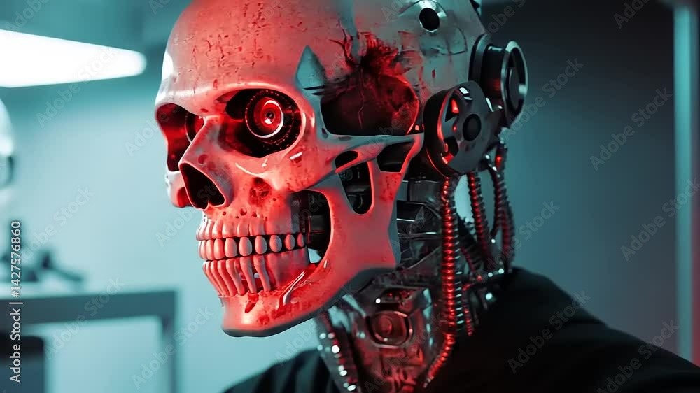 Aufkleber futuristic robotic skull with intricate mechanical features in a high-tech laboratory setting