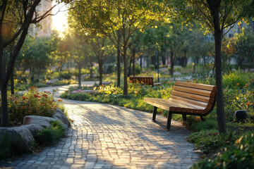 A park bench surrounded by colorful flowers and towering trees, under a bright blue sky.