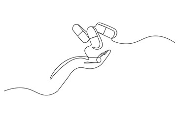 Obraz premium Continuous one line drawing of Hand holding pills medicine. Single line drawing illustration of pills medicine treatment. Medical drugs pharmacy concept vector art. Doodle line illustration.