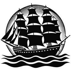 Black and White Illustration of a Vintage Sailing Ship at Sea © Provector master