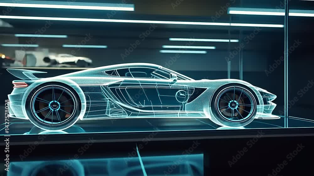 Poster futuristic transparent car model displayed in a modern workshop with advanced technology