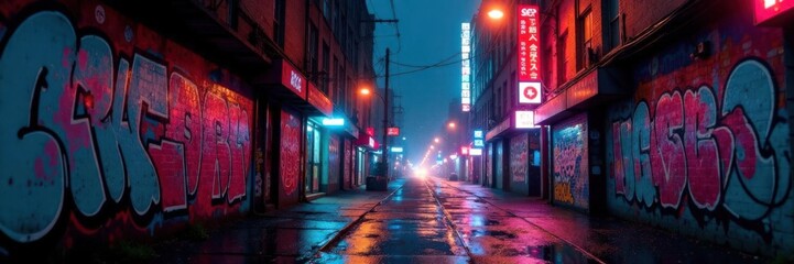 Moody cityscape with graffiti, neon lights and abstract urban art in a rainy night scene,  city life,  urban art,  neon lights