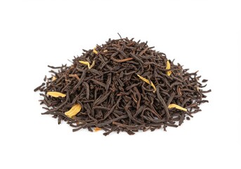 Fototapeta premium A pile of loose leaf black tea with yellow flower petals on a white background in bright lighting