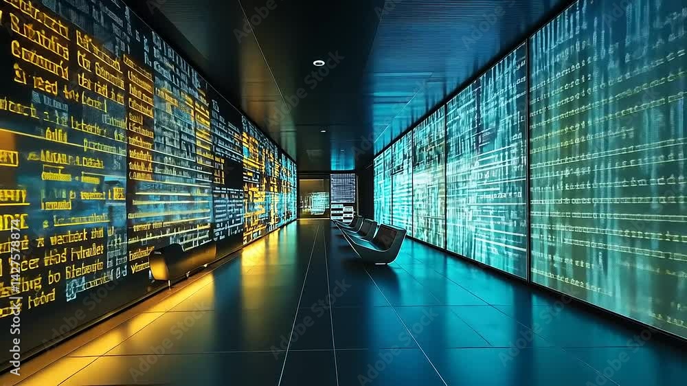Aufkleber futuristic waiting area illuminated by digital displays showcasing data streams and analytics