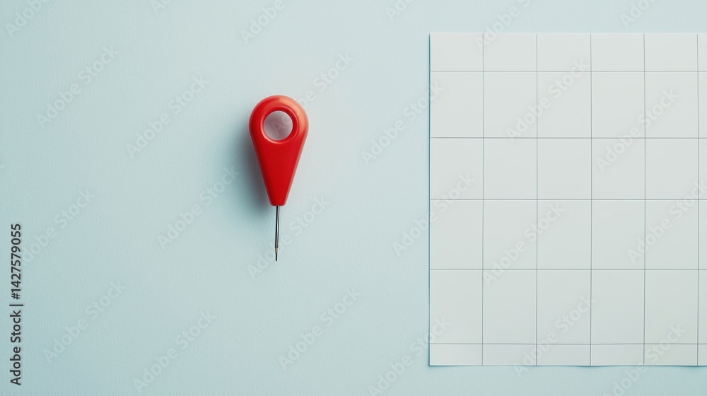 Poster a red marker with a needle tip is positioned against a light blue wall, next to a grid of white squa