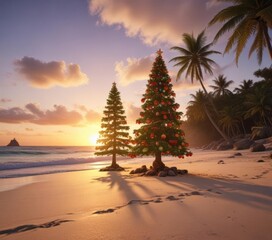 Ornamented Christmas tree on a deserted tropical beach at sunset , decoration, escape