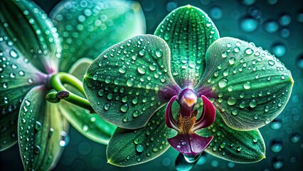 Stunning Macro Orchid, Water Droplets, Aerial View, Dark Green