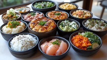 Diverse selection of bowls featuring various Asian-inspired dishes.