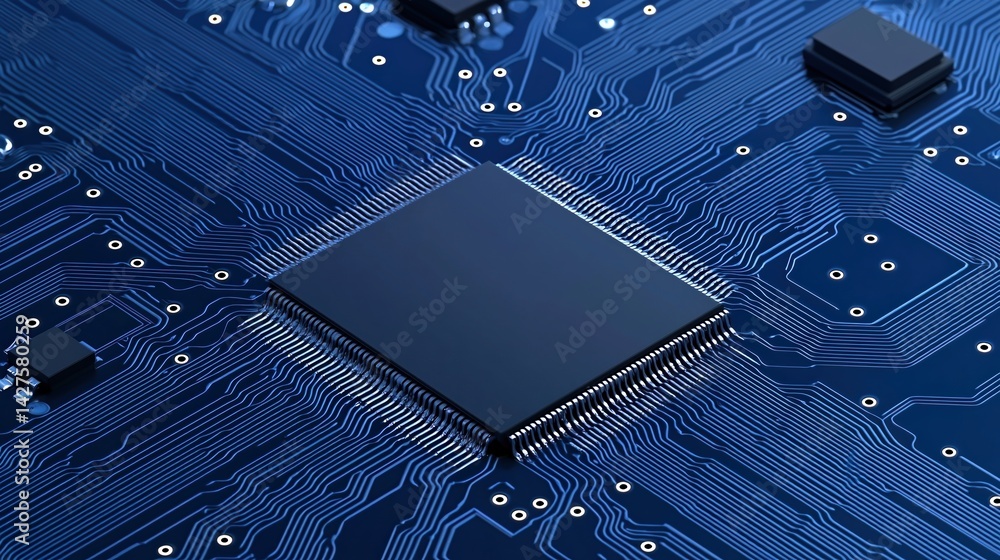 Poster a close-up view of a microchip on a blue circuit board, showcasing intricate wiring and components e