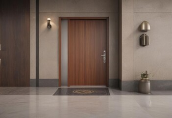 Modern lobby entrance; polished service bell, simple door ,  contemporary door, simple