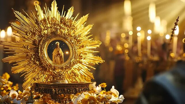 Golden monstrance displaying a religious figure, illuminated by soft light in a sacred space