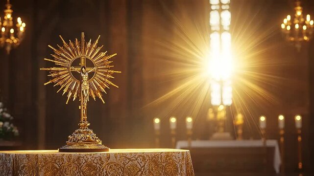 Golden monstrance on altar in a serene church, illuminated by soft sunlight and candles