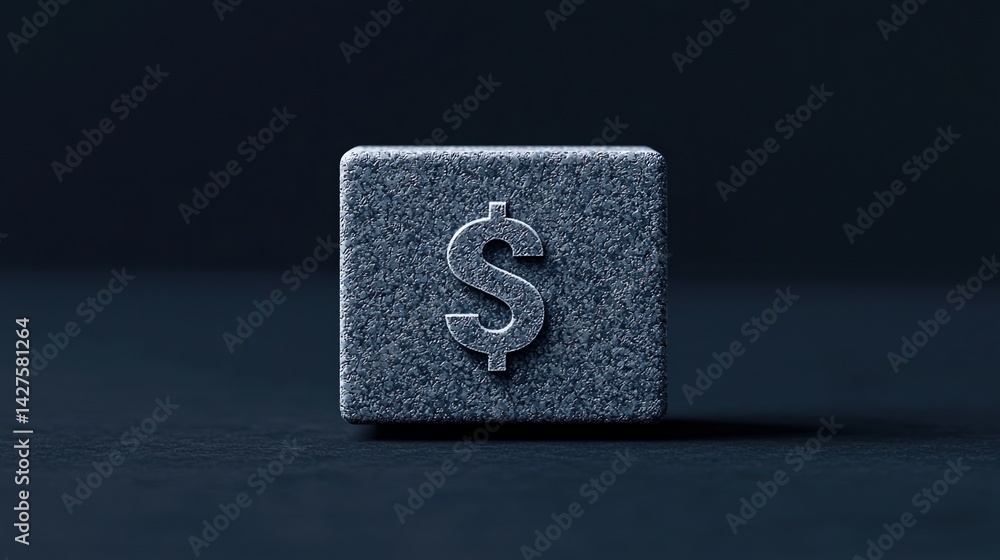 Poster a close-up of a textured block featuring a dollar sign, set against a dark background, emphasizing c