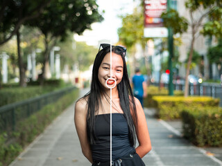 Before and after color grading comparison. Enhanced and retouched photo editing concept.