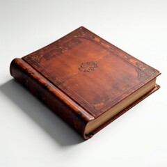 Obraz premium Old leather bound book with subtle shadows on white background, creased paper, vintage style, soft focus