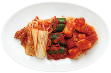 Traditional Korean Kimchi Trio with Napa Cabbage, Radish, and Cucumber