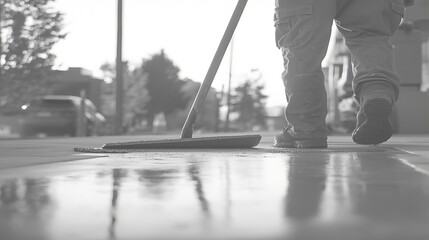 Obraz premium Concrete Worker Smoothing Wet Cement