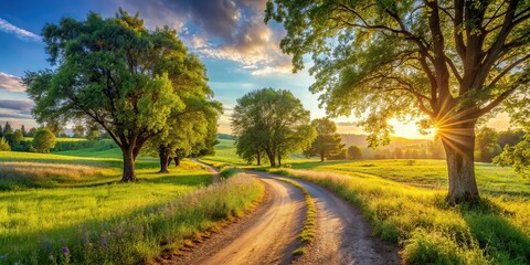 Obraz premium Summer Dirt Road Panoramic Landscape, Young Trees