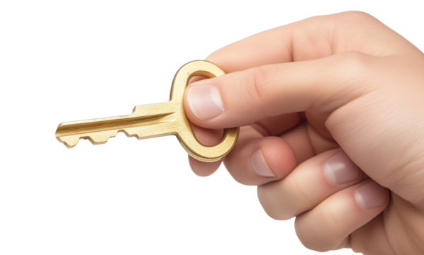 Hand holding a gold key isolated on transparent background