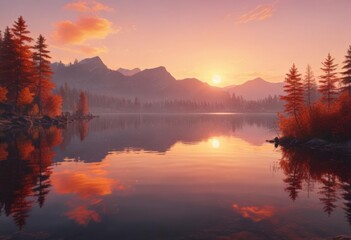Fototapeta premium Serene sunset paints the calm lake with fiery hues , serene, still