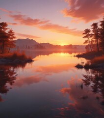 Obraz premium Serene sunset paints the tranquil lake, fiery hues reflected in still waters , light, beauty