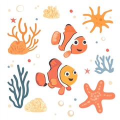 Cute cartoon clownfish and coral reef
