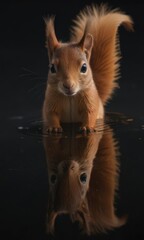 Fototapeta premium Red squirrel mirrored in a still dark pool, eyes bright, color, dark