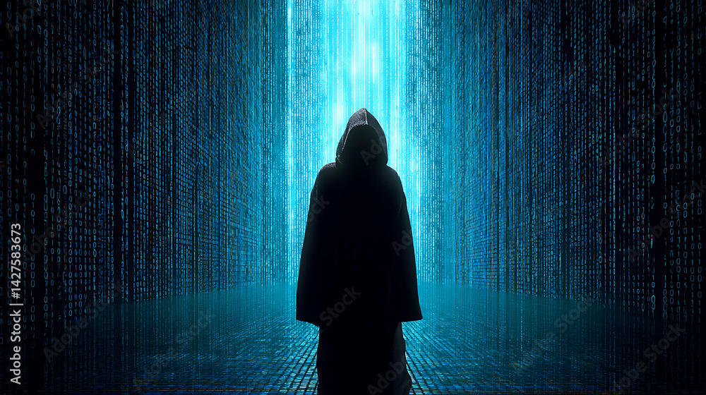 Poster a hooded human figure stands against a background of glowing binary code in a blue-lit digital envir