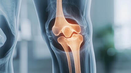 X-ray of knee joint tech treatment medical aids concept. X-ray image showing a detailed view of the human knee joint.