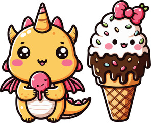 Cute Chibi Dragon Eating Ice Cream Character Cartoon Illustration