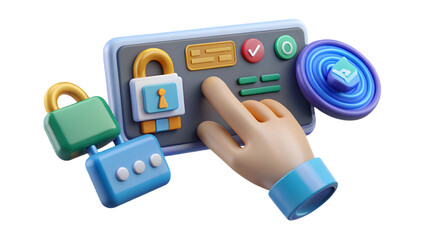 Digital Payment Gateway concept A hand interacts with a colorful control panel featuring locks and buttons, symbolizing security and access control.