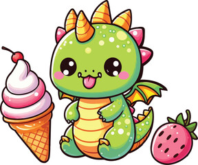 Cute Chibi Dragon Eating Ice Cream Character Cartoon Illustration
