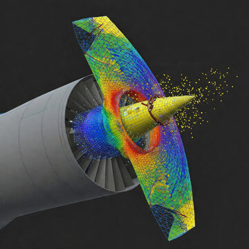 Jet engine failure simulation with a fractured blade, displaying stress and containment issue.