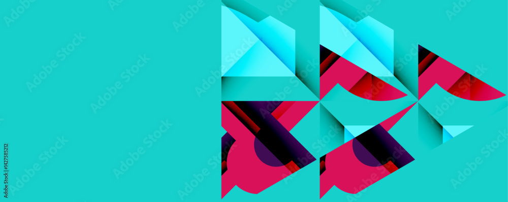 Poster Abstract geometric shapes dominate composition. Turquoise background contrasts with pink, blue forms creating dynamic visual interest. Layered design suggests depth, movement.