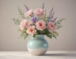 Fototapeta premium Soft pastel watercolor flowers in a simple vase Gentle color palette, delicate details , pastel colors, cream, romantic