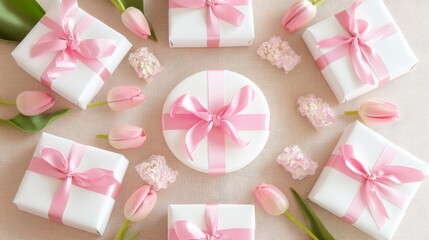 High-resolution top-down photo of tulips and a white gift box on a solid background, featuring ample text space for greeting cards, gift tags, or marketing materials with detailed floral and box visua