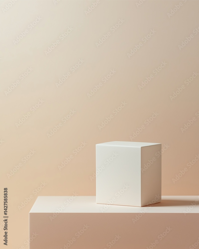 Poster geometric abstraction: a minimalist composition featuring a pristine white cube delicately placed on
