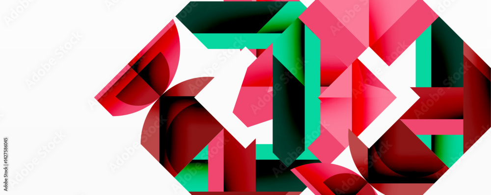 Poster Abstract geometric composition. Bold shapes intersect, creating dynamic visual effect. Red, green, black hues dominate design. Minimalist style, modern aesthetic.