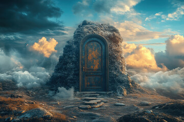 A door floating among fluffy white clouds, offering a surreal glimpse into the unknown.