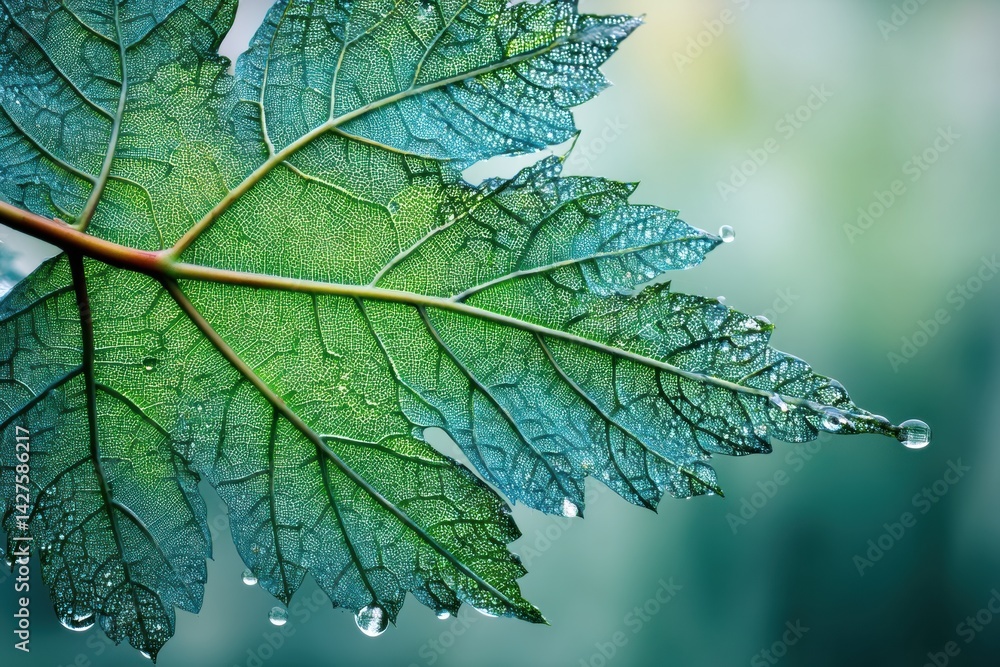 Poster detailed view of a green leaf adorned with morning dew and visible veins captured in soft morning li