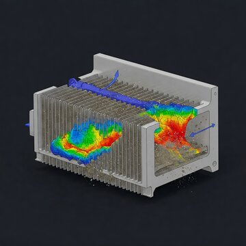 Heat sink illustration with simulated heat flow visualization. Showing temperature gradients and air circulation, possibly for thermal management.
